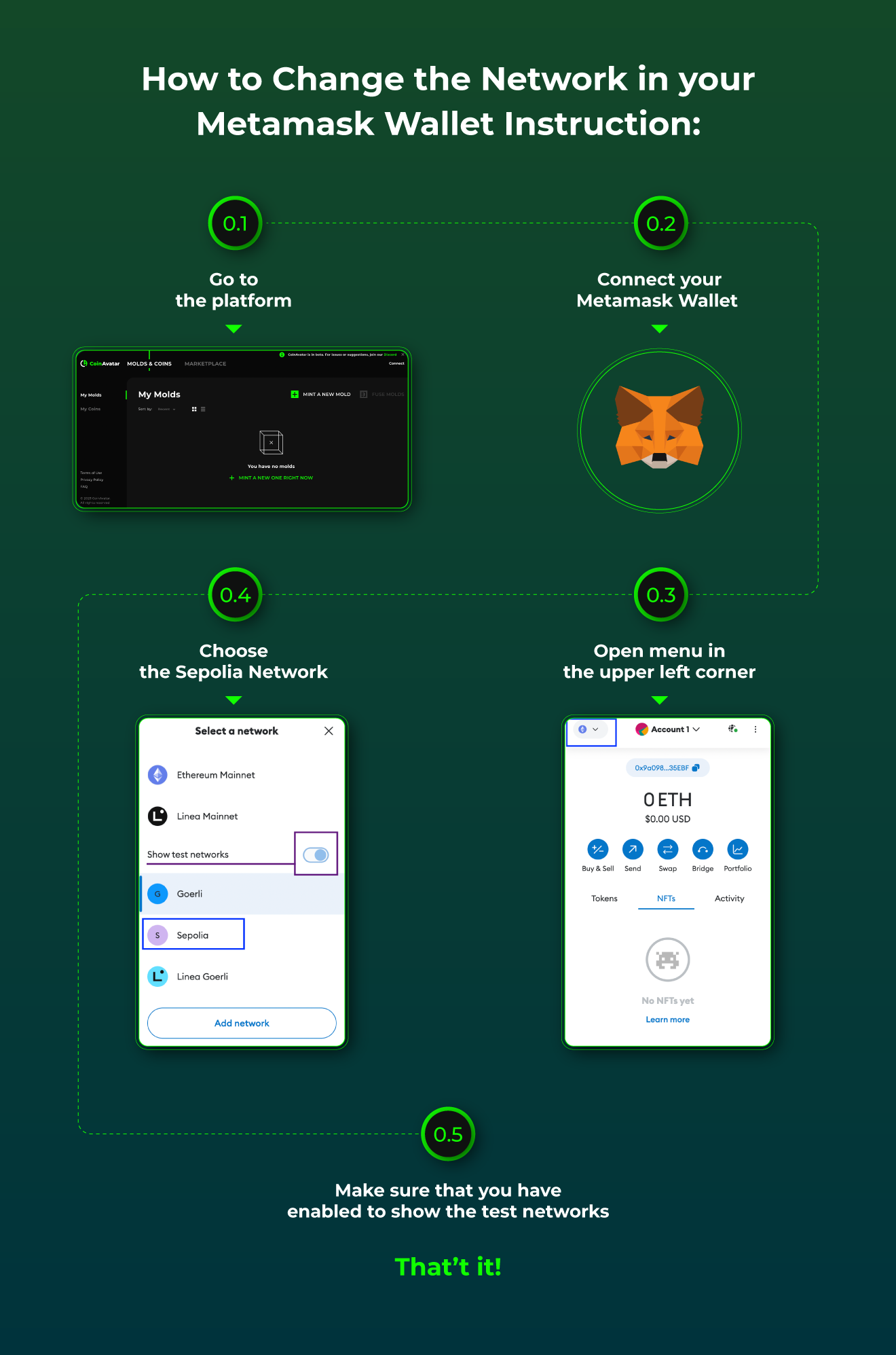 How to Change the Network in your Metamask Wallet Instruction: 1. Open your Metamask Wallet 2. Open the list in the upper left corner 3. Choose the Sepolia Network 4. Make sure that you have enabled to show the test networks;